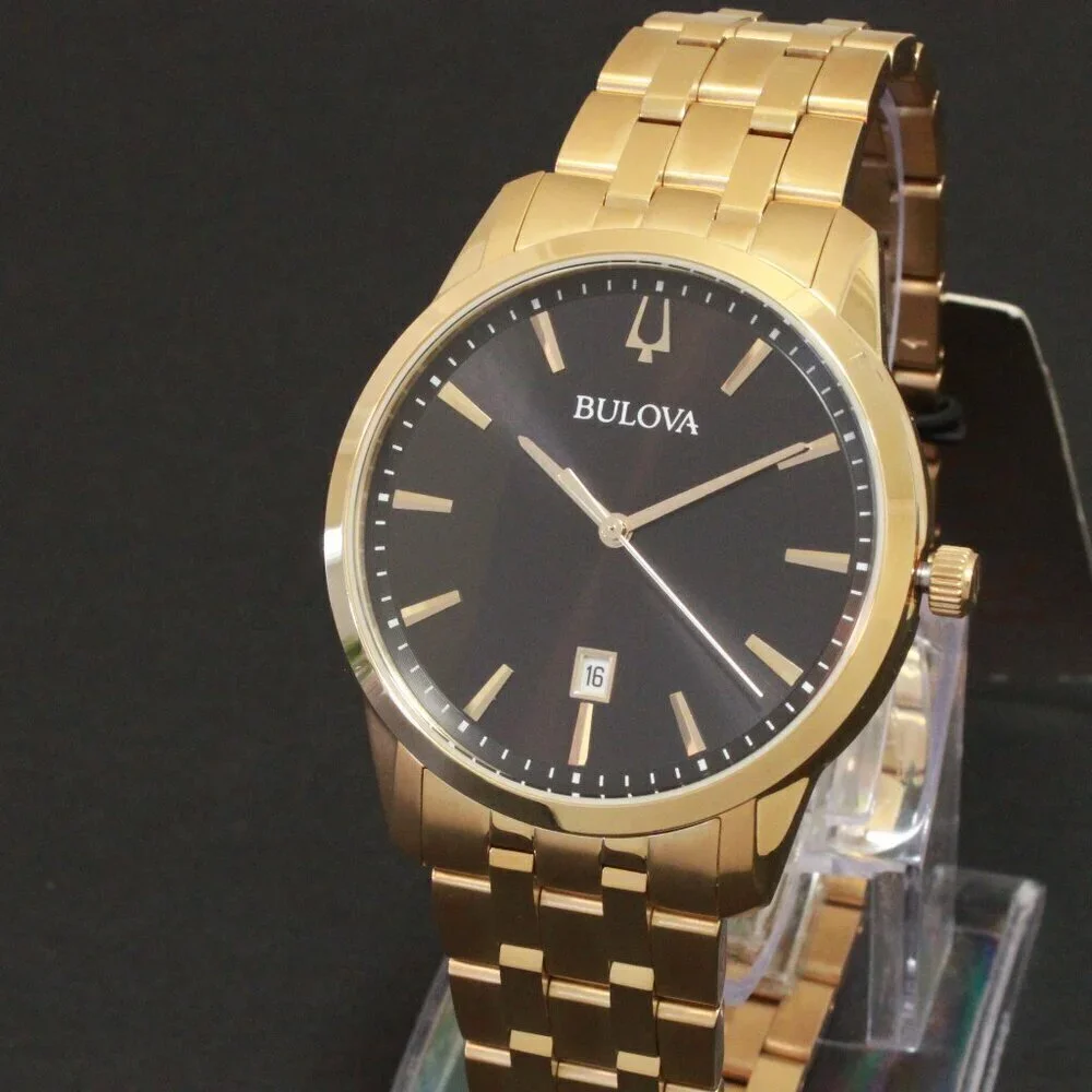 Bulova Men's Classic Sutton Watch Gold Tone Black Dial Date At Six 40mm